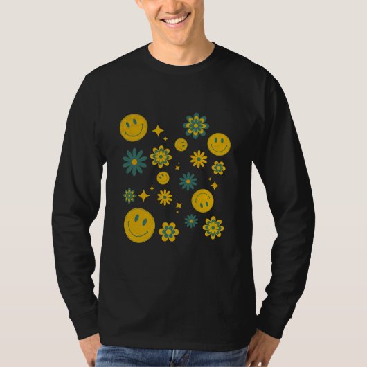 スマイルおもしろい顔及び溝状の花 Tシャツ (正面)