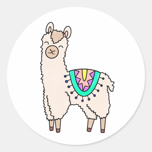 スマイルがかわいいリャマ アルパカのキャラクターイラスト ラウンドシール (正面)