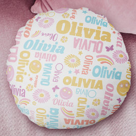 スマイルグラフィックフラワーパステル名門私立校風の装飾用クッション ラウンドクッション