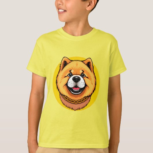 スマイルチャウチャウ犬の顔と金のチェーン Tシャツ (正面)