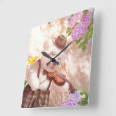 スマイルドッグ遊ズヴァイオリン スクエア壁時計 (傾斜)