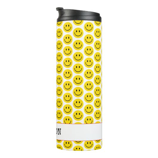 スマイルハッピー顔名イエローブラックレッドレトロおもしろい タンブラー (回転右)