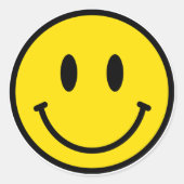 スマイルハッピー顔絵文字イエロー白黒レトロ ラウンドシール (正面)