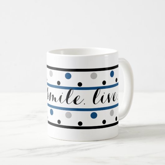 スマイル引用文ブルーシルバーブラック水玉模様 コーヒーマグカップ (正面右)