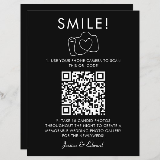 スマイル思い出に残る写真Qrコードブラックシック結婚ズ (正面/裏面)