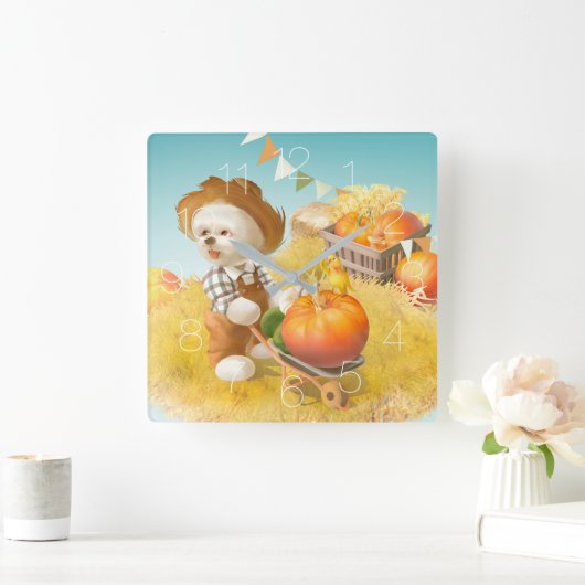 スマイル犬と手押し角壁時計 スクエア壁時計 (ホーム)