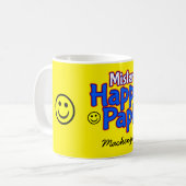スマイル絵文字と名前が黄色のMr Happy Papi コーヒーマグカップ (正面左)