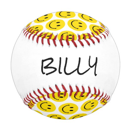 スマイル絵文字 名前 ハッピー フェイス スポーツ ファン レトロ キッズ 野球ボール (裏面)