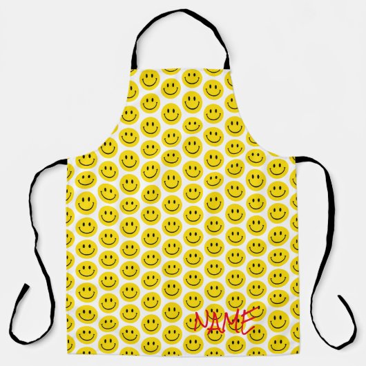 スマイル顔イエロー白黒ハッピー名前をカスタムする エプロン (正面)