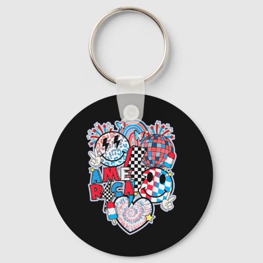 スマイル顔ハートアメリカ国旗の女性メンズ4Th Of Ju キーホルダー (正面)