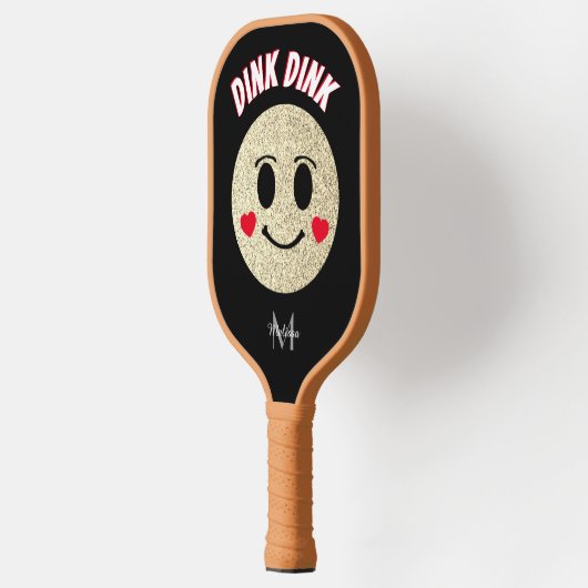 スマイル顔金ゴールドスパークルハートディクモノグラム ピックルボールラケット (左)