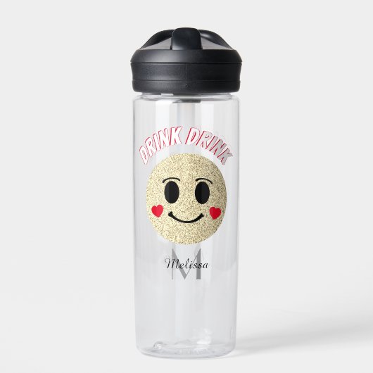 スマイル顔金ゴールドスパークルハートドリンクモノグラム ウォーターボトル (正面)