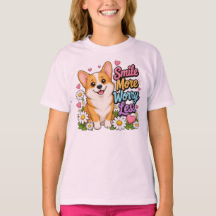 スマイル・モア・ウォリー・レス かわいいコーギーTシャツ Tシャツ