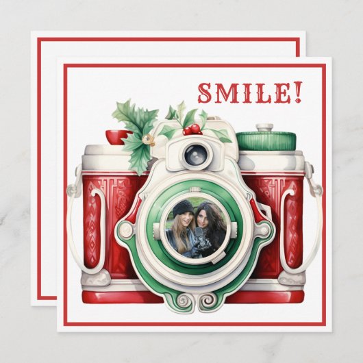 スマイル |ヴィンテージカメラのクリスマスフォトカード (正面/裏面)