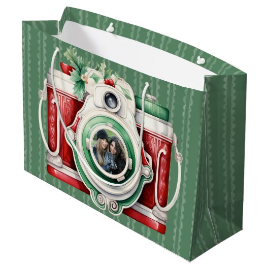 スマイル | ヴィンテージカメラのクリスマスフォト ラージペーパーバッグ (裏面アングル)