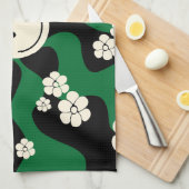 スマイル – 緑、クリーム、黒 キッチンタオル (四つ折り)