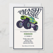 スマッシュクラッシュモダン – グリーンモンスタートラック誕生日 招待状 (正面)