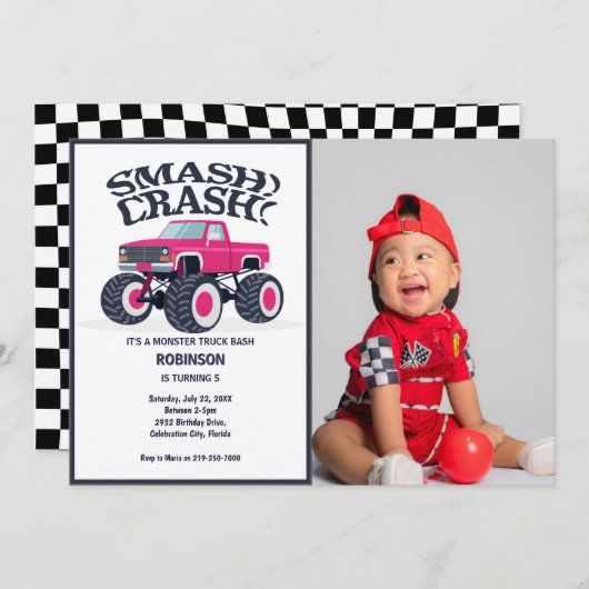 スマッシュクラッシュモダン – ピンクのモンスタートラックの写真 招待状 (正面/裏面)