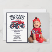 スマッシュクラッシュモダン – 赤モンスタートラック写真 招待状 (正面)