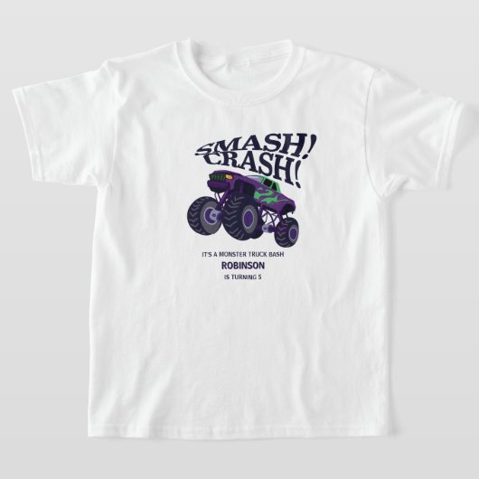 スマッシュクラッシュ – パープルモダンモンスタートラック誕生日 Tシャツ (レイダウン)