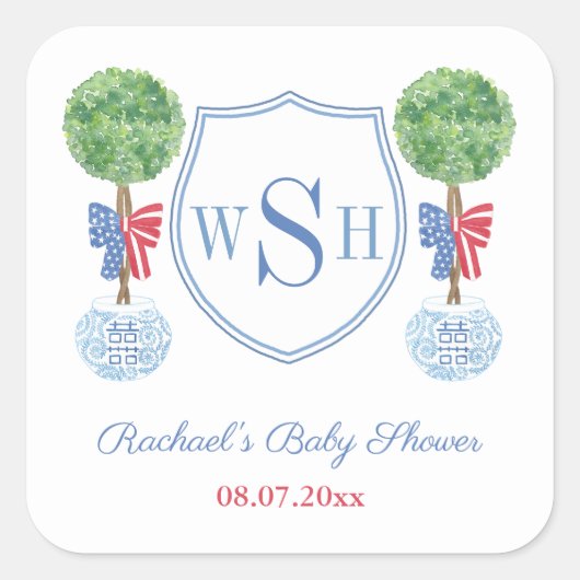 スマートなボックスウッドのモノグラムクレスト ウェディングシャワーフェイバー スクエアシール (正面)