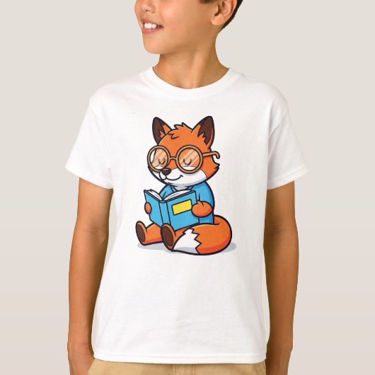スマートな漫画のキツネが本を読む Tシャツ (正面)