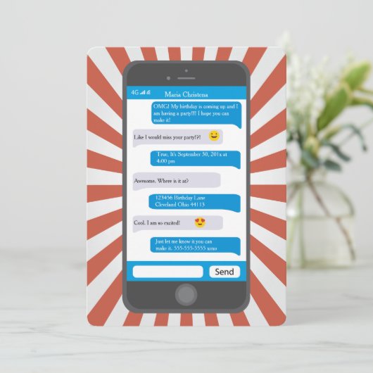 スマートフォン絵文字10代のメールや文字を打つ誕生日招待状 招待状 (スタンド正面)