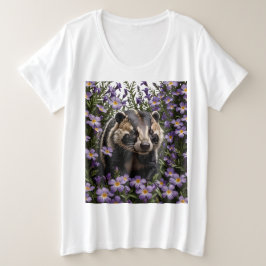 スミレに囲まれたアナグマ プラスサイズTシャツ