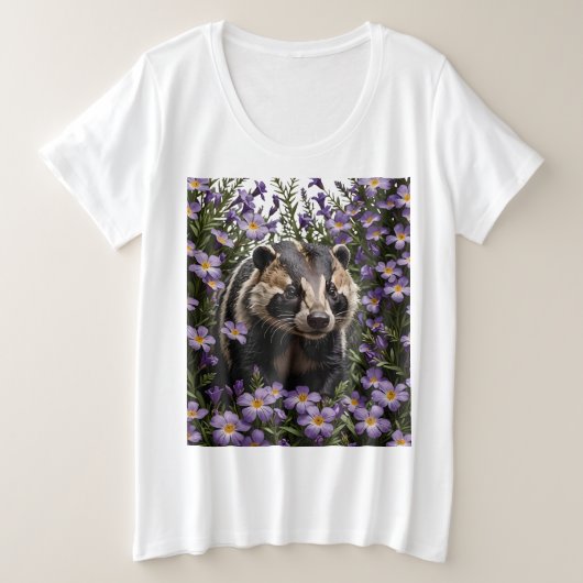 スミレに囲まれたアナグマ プラスサイズTシャツ (デザイン正面)