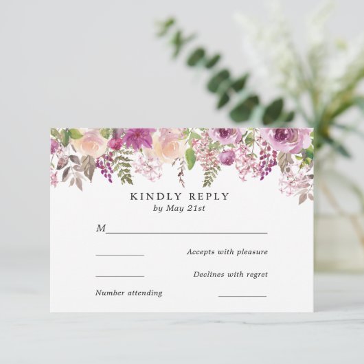 スミレ水彩フラワーウェディングRSVPカード 出欠カード (スタンド正面)