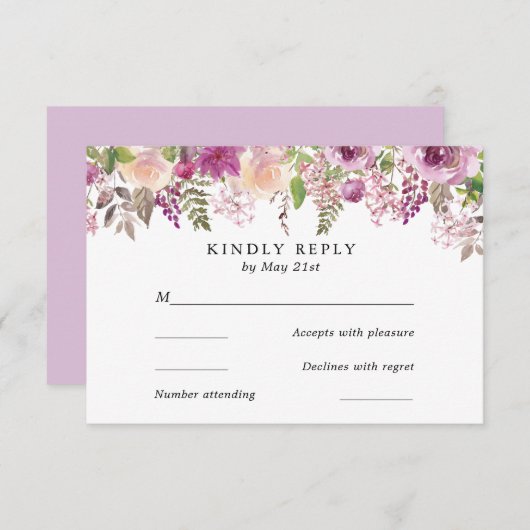 スミレ水彩フラワーウェディングRSVPカード 出欠カード (正面/裏面)