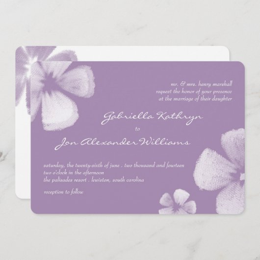スミレ色の熱帯水彩の花の結婚式 招待状 (正面/裏面)