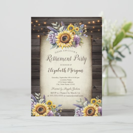 スミレ花ひまわり茶色の木材の退職 招待状 (スタンド正面)