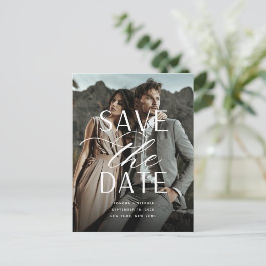 スムーズなスクリプト垂直フォトウェディング日付を保存 案内ポストカード (スタンド正面)