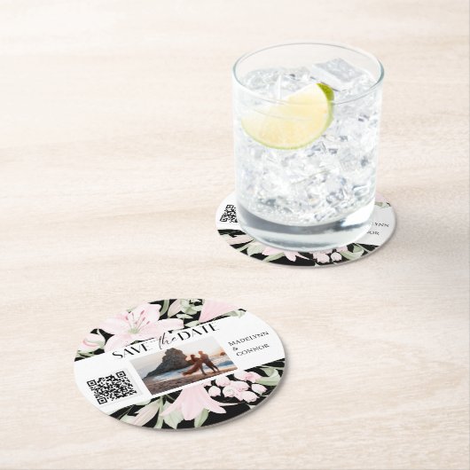 スムーズスクリプトフローラ写真QRコード日付の保存 ラウンドペーパーコースター (インサイチュ)