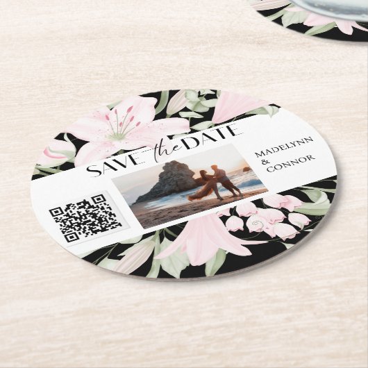 スムーズスクリプトフローラ写真QRコード日付の保存 ラウンドペーパーコースター (アングル)