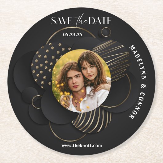 スムーズスクリプト縦写真 Save the Date ラウンドペーパーコースター (正面)