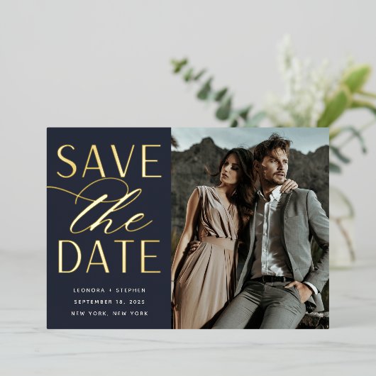 スムーズスクリプト |写真独身の日付の保存 箔招待状 (立ち正面)