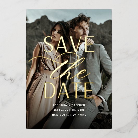 スムーズスクリプト |縦方向の写真の日付を保存 箔招待状 (正面)