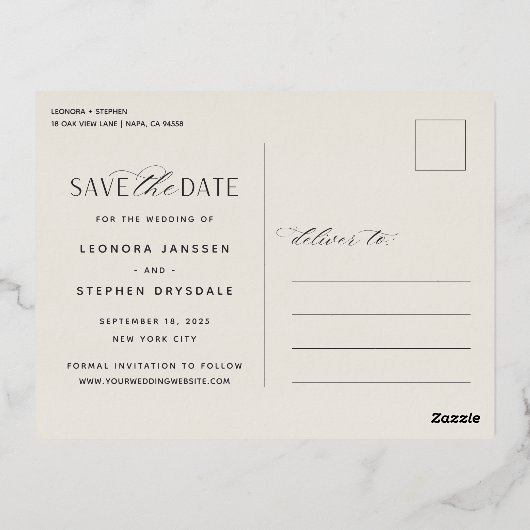 スムーズスクリプト | 3フォトウェディング日付を保存 箔招待状ポストカード (裏面)