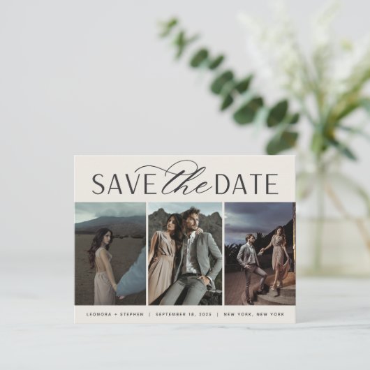 スムーズスクリプト | 3枚のフォトウェディング日付を保存 案内ポストカード (スタンド正面)