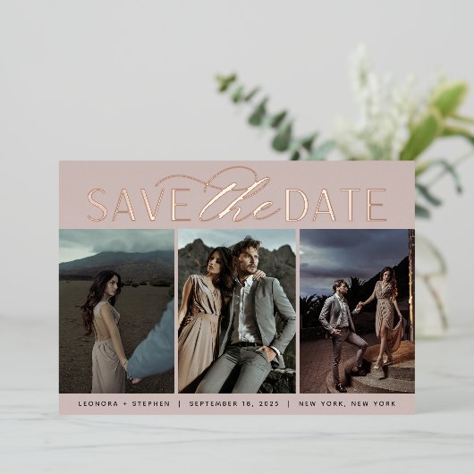 スムーズスクリプト | 3枚の写真の保存日付 箔招待状 (立ち正面)