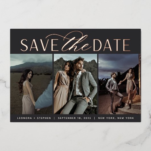 スムーズスクリプト | 3枚の写真の保存日付 箔招待状 (正面)