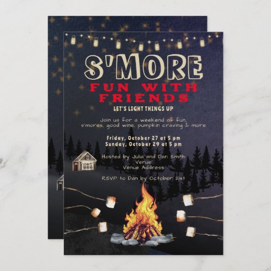 スモアが楽しめるキャンプファイヤー バックヤードクックアウト フレンドギビング 招待状 (正面/裏面)