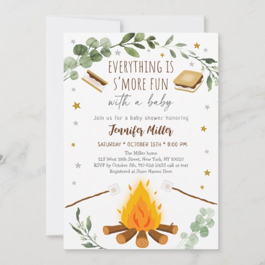 スモアーズキャンプファイヤー焚き火グリーンウェディングベビーシャワー 招待状 (正面)