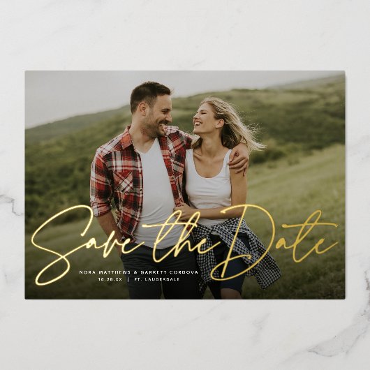 スモダンクリプトトレンディー1枚の写真に日付を保存 箔招待状 (正面)