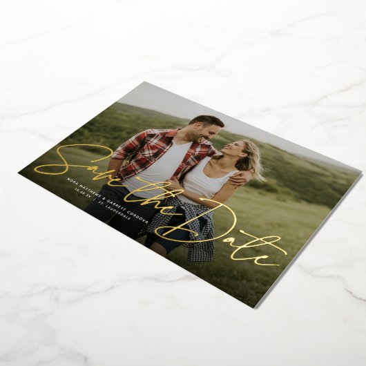 スモダンクリプトトレンディー1枚の写真に日付を保存 箔招待状 (回転した状態)