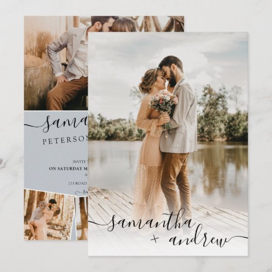 スモダンクリプト（青）  5写真(ミニマ結婚リスト) 招待状 (正面/裏面)