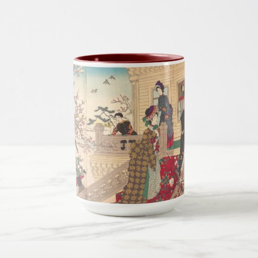 スモモの木の下で雪で遊んでいる子供 マグカップ (中央)