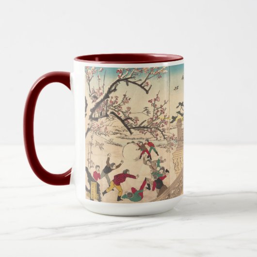 スモモの木の下で雪で遊んでいる子供 マグカップ (左)